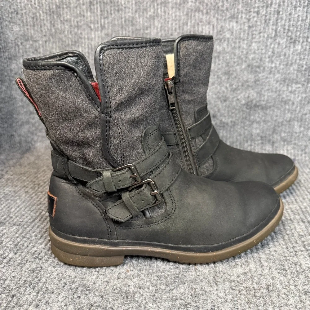 UGG Simmens Waterproof Boots Womens 8 Black Leather Wool Lined Zip Winter Moto